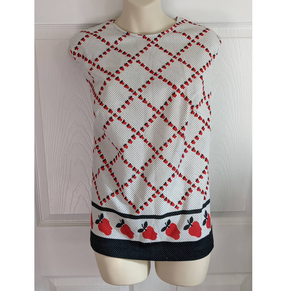 Vintage 70's Polka Dot Apple Top, Sleeveless Blouse Cute Kawaii, 42" Bust VOLUP